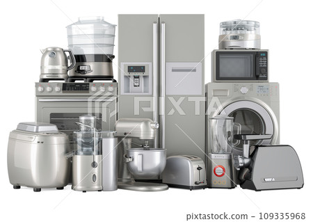 Set of kitchen appliances, silver color. Toaster, kettle, mixer, gas stove, washing machine, blender, yogurt maker, steamer, juicer, refrigerator, microwave, grinder and bread machine. 3D rendering Set of kitchen appliances, silver color. Toaster, kettle, mixer, gas stove, washing machine, blender, yogurt maker, steamer, juicer, refrigerator, microwave, grinder and bread machine. 3D rendering 109335968