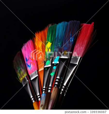 Rainbow brushes, brushes painted in all colors of the rainbow, isolated on black, symbol, emblem, design element Rainbow brushes, brushes painted in all colors of the rainbow, isolated on black, symbol, emblem, design element 109336087