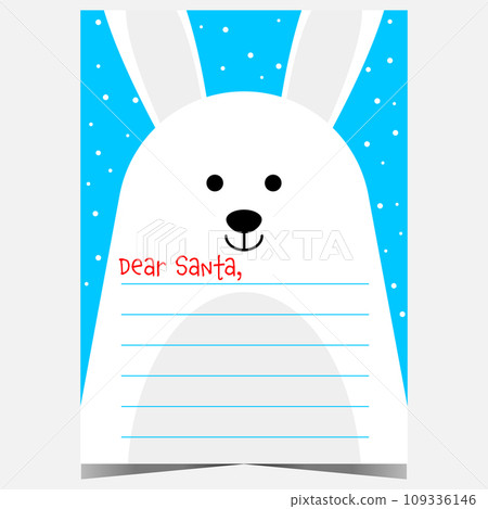 Christmas letter template with a rabbit character in the background. Wish list, postcard or mail to Santa Claus for kids to complete and send it to the North Pole and to receive gifts for Christmas. 109336146