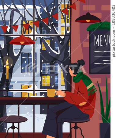 Winter cafe or restaurant indoor vector image. Coffeehouse window landscape on street with snowfall. Wintertime mood or vibe at december cafeteria. Urban cold cityscape view during drinking coffee Winter cafe or restaurant indoor vector image. Coffeehouse window landscape on street with snowfall. Wintertime mood or vibe at december cafeteria. Urban cold cityscape view during drinking coffee 109336402