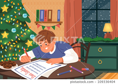 Vector image of boy writing letter to Santa Claus. Christmas card with kid write correspondence for present or gift. Winter holiday or merry Xmas postcard. Wintertime festive and Christmas time. 109336404