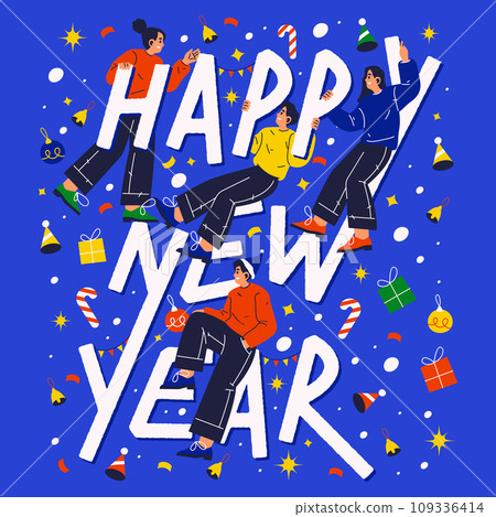 Happy New Year banner or isolated vector winter holiday flyer. Card or sign for wintertime festive celebration. Happy festival composition with gift or present box, people and candy stick. Celebration Happy New Year banner or isolated vector winter holiday flyer. Card or sign for wintertime festive celebration. Happy festival composition with gift or present box, people and candy stick. Celebration 109336414