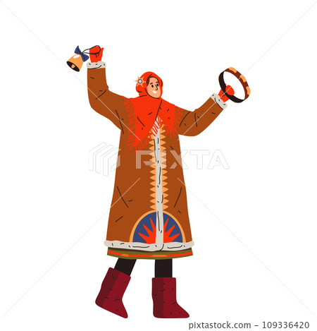 Slav woman singing carol for Christmas or happy new year. Vector illustration for slavic or traditional ukrainian winter holiday. Merry Xmas eve image. Wintertime festival celebration.Koliada nativity 109336420