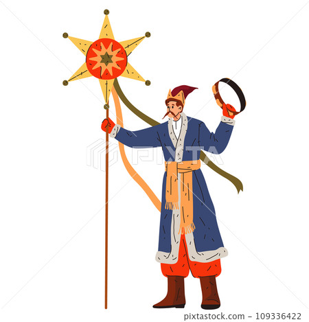 Vector illustration for traditional Christmas or new year celebration. Card with slav man and slavic star for Xmas eve, koliada holiday. Winter festive image. Christmastime festival. Nativity Vector illustration for traditional Christmas or new year celebration. Card with slav man and slavic star for Xmas eve, koliada holiday. Winter festive image. Christmastime festival. Nativity 109336422