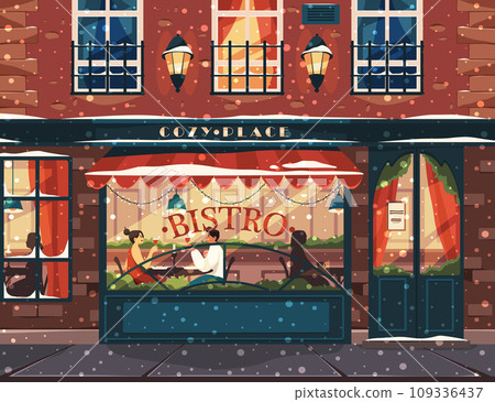 Front view of bistro or cafe, exterior facade of restaurant. Banner or background for winter holidays. Romantic Valentine's day dinner or date in cozy place. Christmas or New Year holidays celebration Front view of bistro or cafe, exterior facade of restaurant. Banner or background for winter holidays. Romantic Valentine's day dinner or date in cozy place. Christmas or New Year holidays celebration 109336437