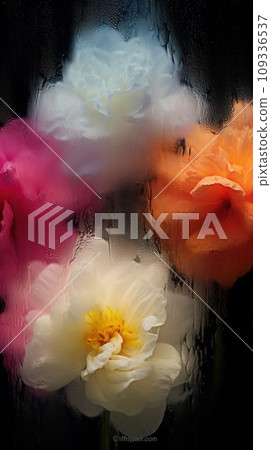 Background of blooming flowers in front of glass with water drops Stock Photo 109336537