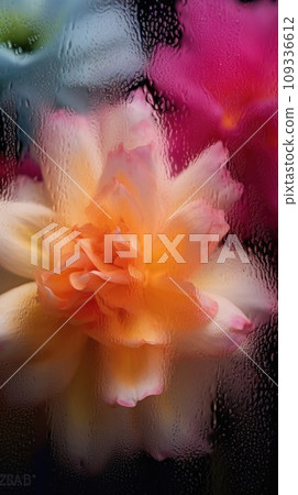 Background of blooming flowers in front of glass with water drops Stock Photo 109336612