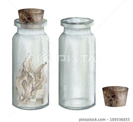 Set of glass jar, vase with wooden stopper, lid. Watercolor hand drawn clipart isolated on white background. set of beakers for biological and medical experiments. handmade illustration. Set of glass jar, vase with wooden stopper, lid. Watercolor hand drawn clipart isolated on white background. set of beakers for biological and medical experiments. handmade illustration. 109336855