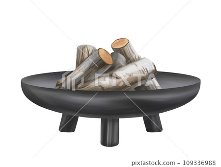 A black metal bowl for making a fire with firewood. Camping equipment for cooking, barbecue outside the city, in nature. Outdoor recreation, family weekends. Isolated illustration A black metal bowl for making a fire with firewood. Camping equipment for cooking, barbecue outside the city, in nature. Outdoor recreation, family weekends. Isolated illustration 109336988