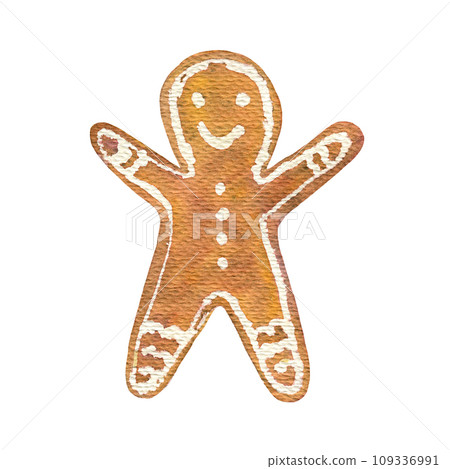Cute watercolor Christmas brown gingerbread man cookie. Bright watercolour ginger cookie textured illustration for New Year decor, holiday design, pattern, sticker, print Cute watercolor Christmas brown gingerbread man cookie. Bright watercolour ginger cookie textured illustration for New Year decor, holiday design, pattern, sticker, print 109336991
