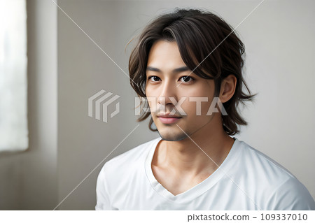 Young man wearing a white T-shirt (AI generated image) 109337010