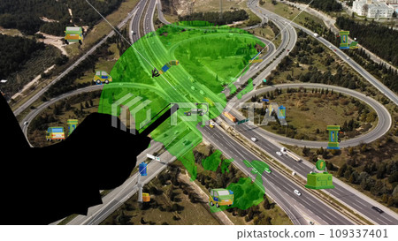 Intelligent Vehicles Cars Communicating Ai Logistic Autonomous Delivery Vehicles IoT GPS Tracking Satellite 5G Smart Roads Traffic Road Junction Interchange Motorway Triangulation Of Traffic Data Intelligent Vehicles Cars Communicating Ai Logistic Autonomous Delivery Vehicles IoT GPS Tracking Satellite 5G Smart Roads Traffic Road Junction Interchange Motorway Triangulation Of Traffic Data 109337401