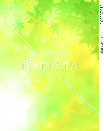 Green leaves and autumn leaves on fresh green background 109337613