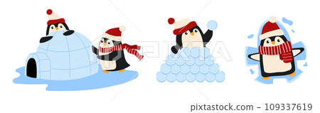 A set of cute Christmas penguins playing with snow and making igloo. 109337619