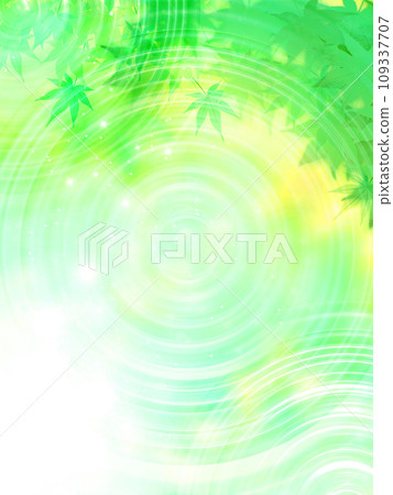 Green leaves and autumn leaves on fresh green background 109337707