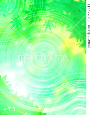 Green leaves and autumn leaves on fresh green background 109337711