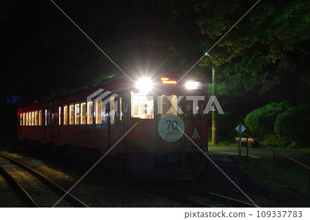 Aizu Railway train arriving at Yunokami Onsen Station at night Aizu Railway train arriving at Yunokami Onsen Station at night 109337783