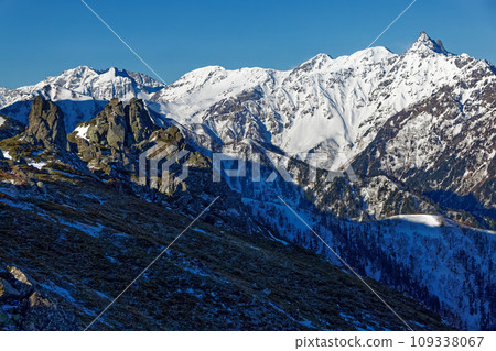 從表銀座步道看到的青蛙岩、矢里和穗高山脈 109338067