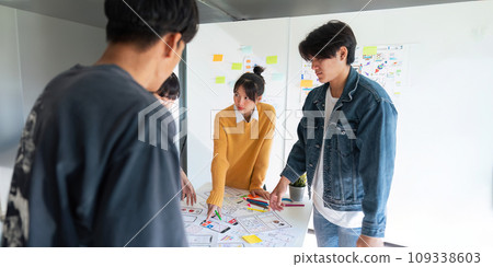 Ux developer and ui designer use augmented reality brainstorming about mobile app interface wireframe design on desk at modern office. creative digital development agency Ux developer and ui designer use augmented reality brainstorming about mobile app interface wireframe design on desk at modern office. creative digital development agency 109338603