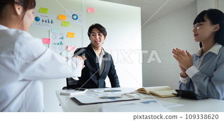 business people handshake, Successful businessmen handshaking after good deal. Business Finishing up meeting contract concept. 109338620