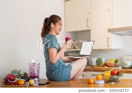 Woman using personal laptop with blank empty screen with copy space, looking for new healthy recipe online, mock up Woman using personal laptop with blank empty screen with copy space, looking for new healthy recipe online, mock up 109338737