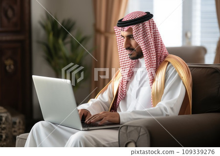 Saudi man sitting laptop infront having an online meeting. Generative AI Saudi man sitting laptop infront having an online meeting. Generative AI 109339276