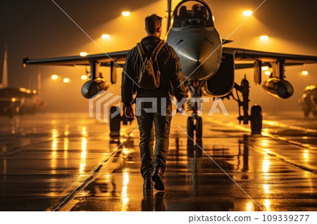 Pilot walking along the runway lighting in the background of a fighter Generative AI Pilot walking along the runway lighting in the background of a fighter Generative AI 109339277