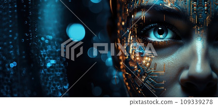 Complex detailed photograph of a cyborg face tech blur background. Generative AI 109339278