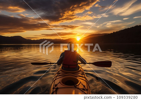 Model kayaking on a tranquil lake at sunset. Generative AI Model kayaking on a tranquil lake at sunset. Generative AI 109339280