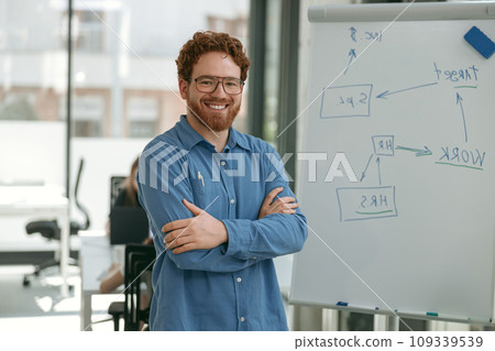 Cheerful freelancer in eyeglasses looking on camera with smile standing on coworking background 109339539