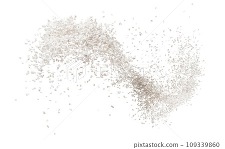 Perlite rock flying explosion, perlite white stone fall down abstract garden decorate. Perlite volcano stone splash throwing in Air. White background Isolated high speed shutter, freeze action 109339860