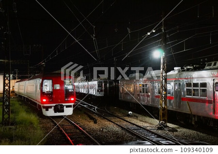 View from the train window from Nagano Electric Railway, near Suzaka Station at night (railway depot) 109340109