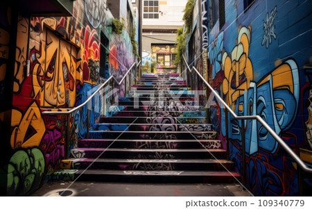 Urban Stairway with Street Art: An urban outdoor stairway decorated with vibrant graffiti. Urban Stairway with Street Art: An urban outdoor stairway decorated with vibrant graffiti. 109340779