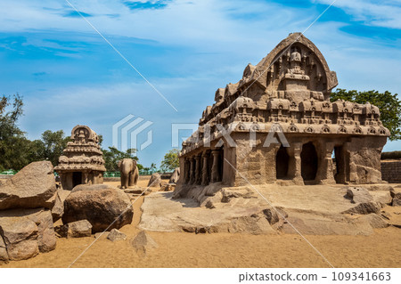 Five Rathas - ancient Hindu monolithic Indian rock-cut architecture. Mahabalipuram, Tamil Nadu, South India Five Rathas - ancient Hindu monolithic Indian rock-cut architecture. Mahabalipuram, Tamil Nadu, South India 109341663