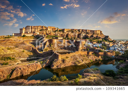 Mehrangarh Fort and Padamsar Talab and Ranisar Talab lakes on sunset , Jodhpur, Rajasthan, India Mehrangarh Fort and Padamsar Talab and Ranisar Talab lakes on sunset , Jodhpur, Rajasthan, India 109341665