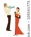 Female singer and trumpet player singing with skeleton microphone 109341775