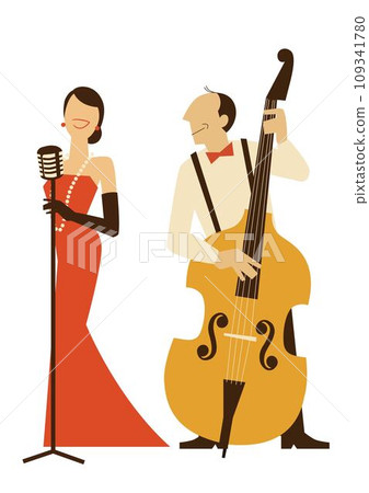 Female singer and wood bass player singing with a skeleton microphone Female singer and wood bass player singing with a skeleton microphone 109341780