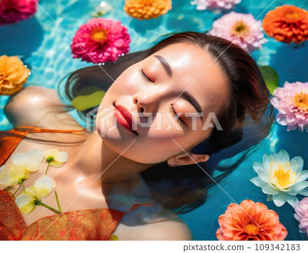 AI image of a beautiful long-haired woman floating with her face exposed in a pool with various flowers floating in it. 109342183