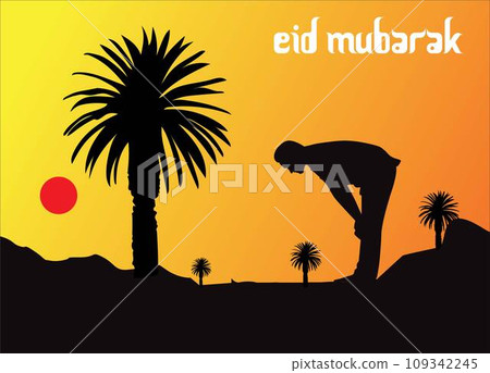 A man silhouettes against a sunset sky as he prays under a palm tree in the desert. A man silhouettes against a sunset sky as he prays under a palm tree in the desert. 109342245