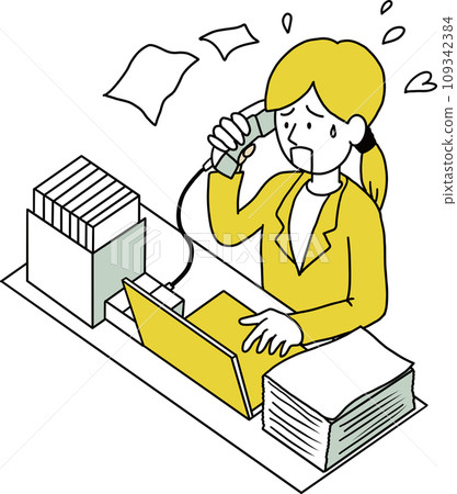 Illustration of a busy woman busy with a large amount of paper documents and phone calls 109342384