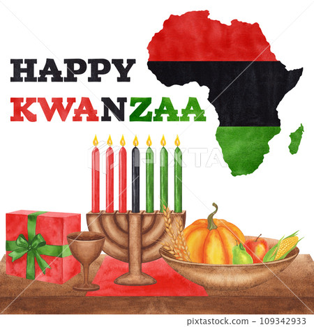 Kwanzaa. African-American holiday. Kinara, seven burning candles, red black green map cup drum gift harvest. Hand drawn watercolor illustration isolated background. Kwanzaa. African-American holiday. Kinara, seven burning candles, red black green map cup drum gift harvest. Hand drawn watercolor illustration isolated background. 109342933