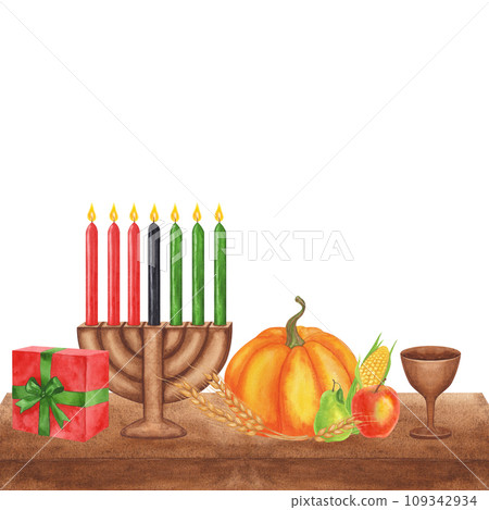 Kwanzaa. African-American holiday. Kinara, seven burning candles, red black green map cup drum gift harvest. Hand drawn watercolor illustration isolated background. 109342934