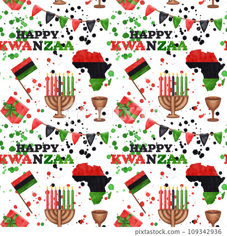 Kwanzaa seamless pattern. Kinara, seven burning candles, red black green map, cup, gift, stains, splashes. African-American holiday. Hand drawn watercolor illustration background. Kwanzaa seamless pattern. Kinara, seven burning candles, red black green map, cup, gift, stains, splashes. African-American holiday. Hand drawn watercolor illustration background. 109342936