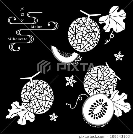 甜瓜剪影向量圖-黑色背景 109343103