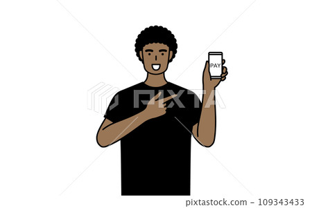 African man recommending cashless online payments using smartphones 109343433