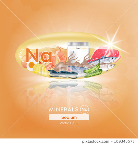 Food rich in minerals vitamins. Sodium in orange capsule with vegetables, fruits, seafood and meat healthy foodstuffs. Vector illustration. Food rich in minerals vitamins. Sodium in orange capsule with vegetables, fruits, seafood and meat healthy foodstuffs. Vector illustration. 109343575