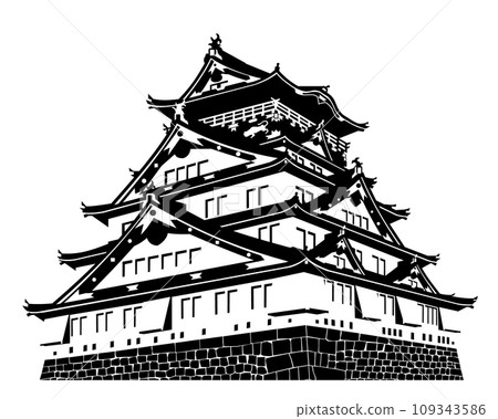 [Revised version] Osaka Castle (Osaka Castle) Tower black and white silhouette 109343586