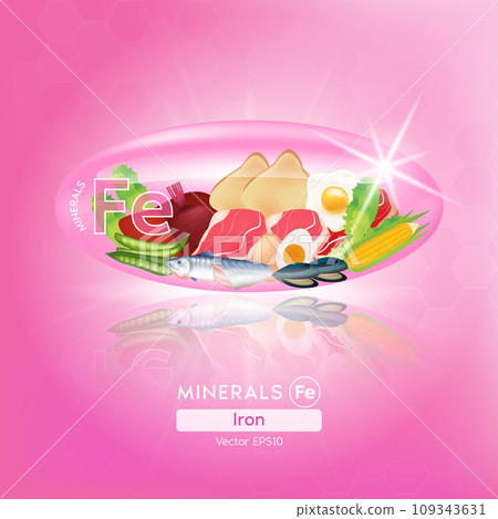 Food rich in minerals vitamins. Iron in pink capsule with vegetables, fruits, seafood and meat healthy foodstuffs. Vector illustration. 109343631