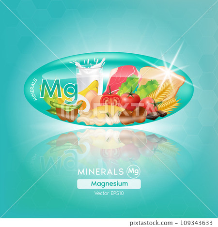 Food rich in minerals vitamins. Magnesium in green capsule with vegetables, fruits, seafood and meat healthy foodstuffs. Vector illustration. 109343633