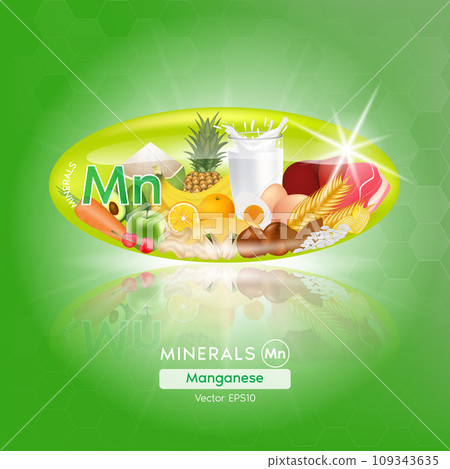 Food rich in minerals vitamins. Manganese in green capsule with vegetables, fruits, seafood and meat healthy foodstuffs. Vector illustration. 109343635